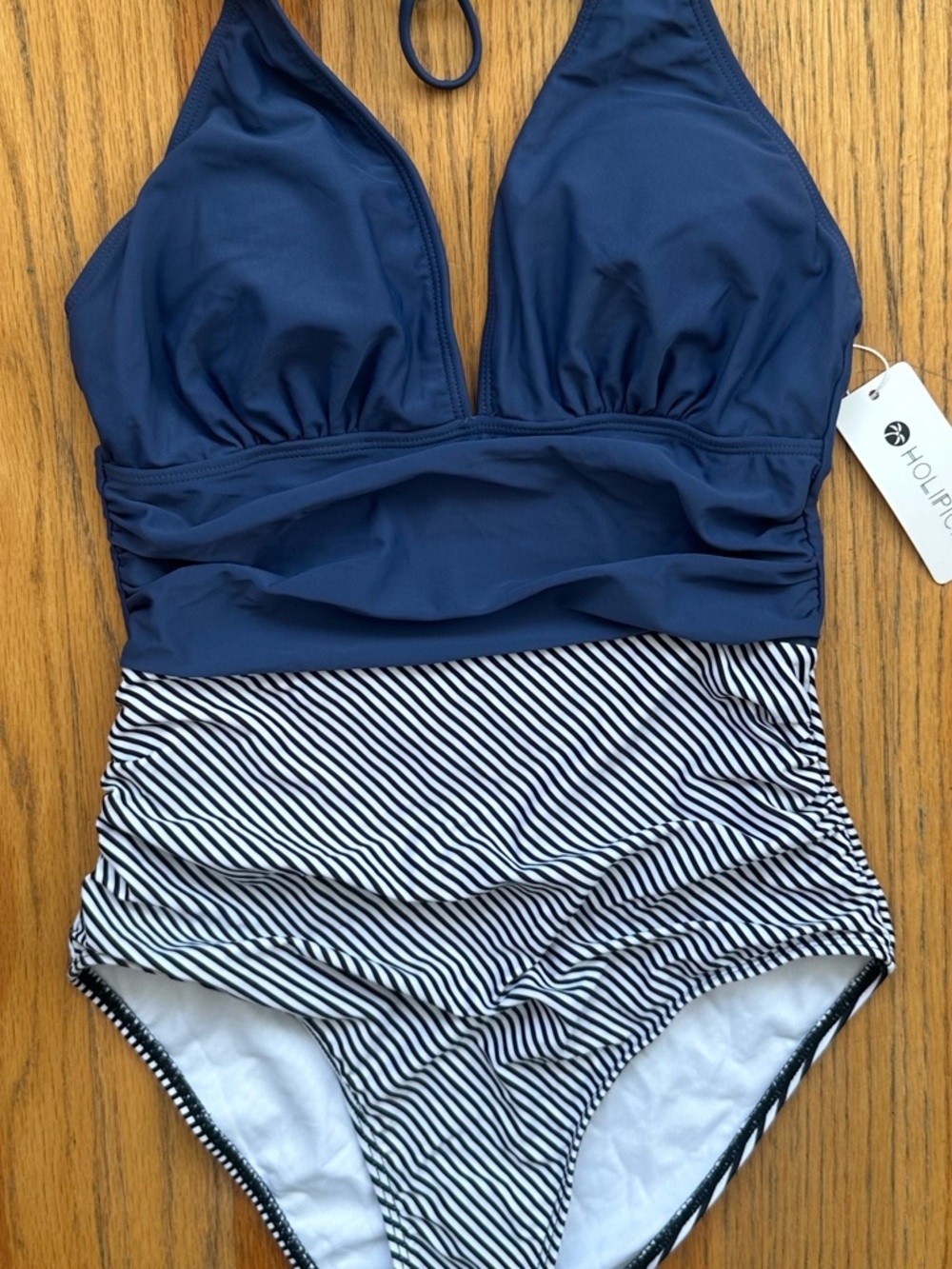 Holipick Navy Halter One-Piece with Striped Waist - Picture 4 of 8